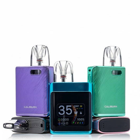 Three Caliburn vaping devices in purple, blue, and green on a white background
