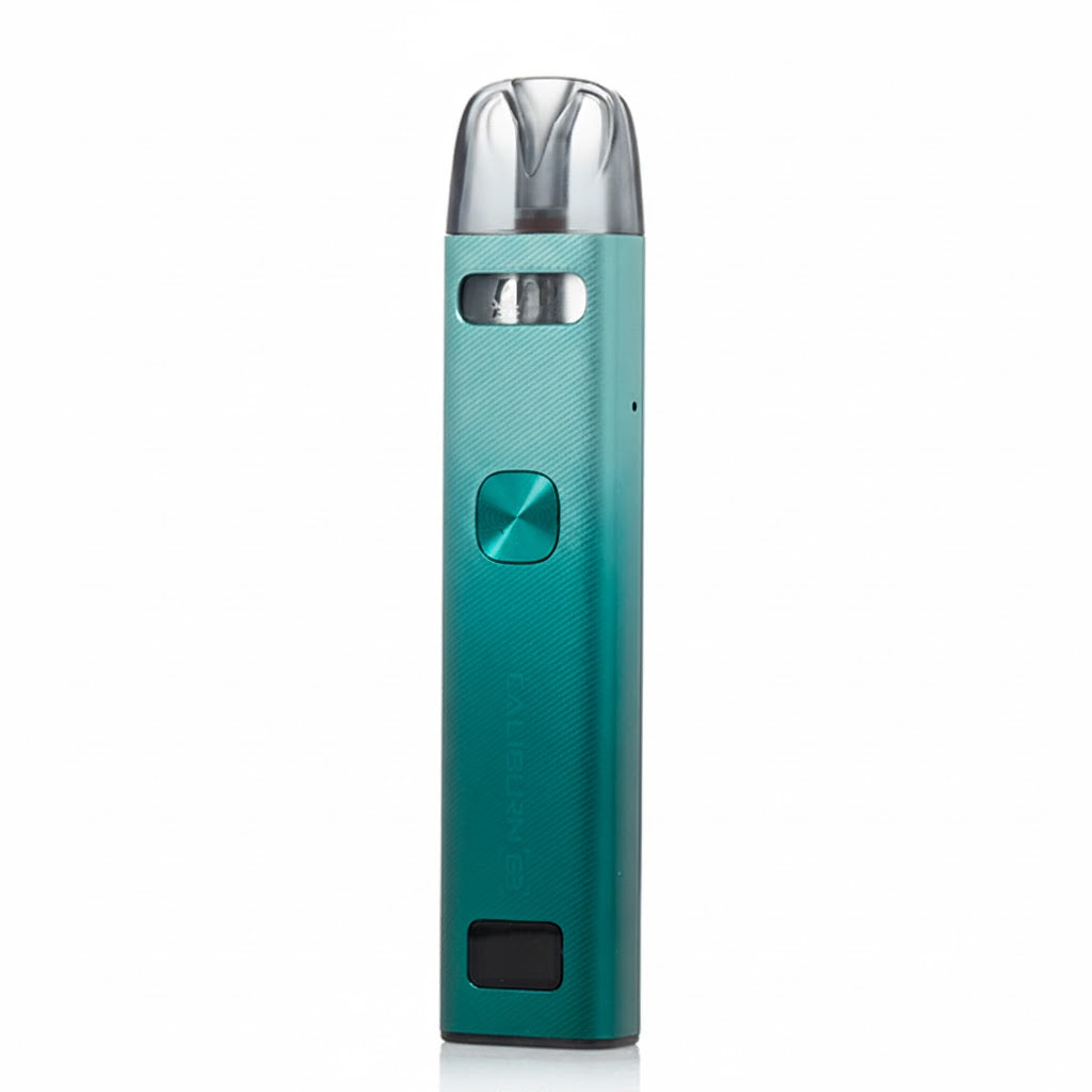 Teal vape device with silver top on a white background