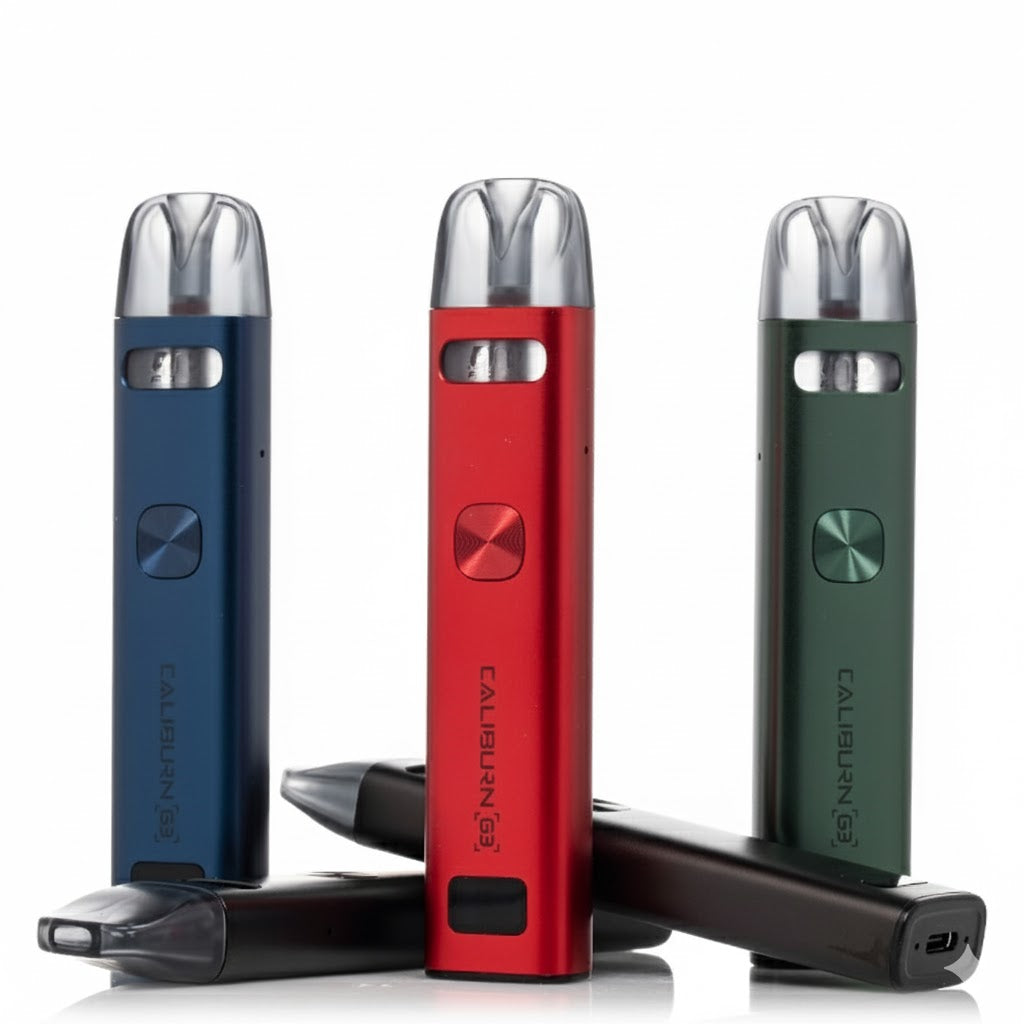 Three vape devices in blue, red, and green on a white background