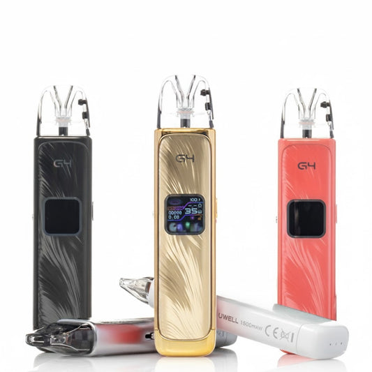 Three vaping devices in black, gold, and pink on a white background