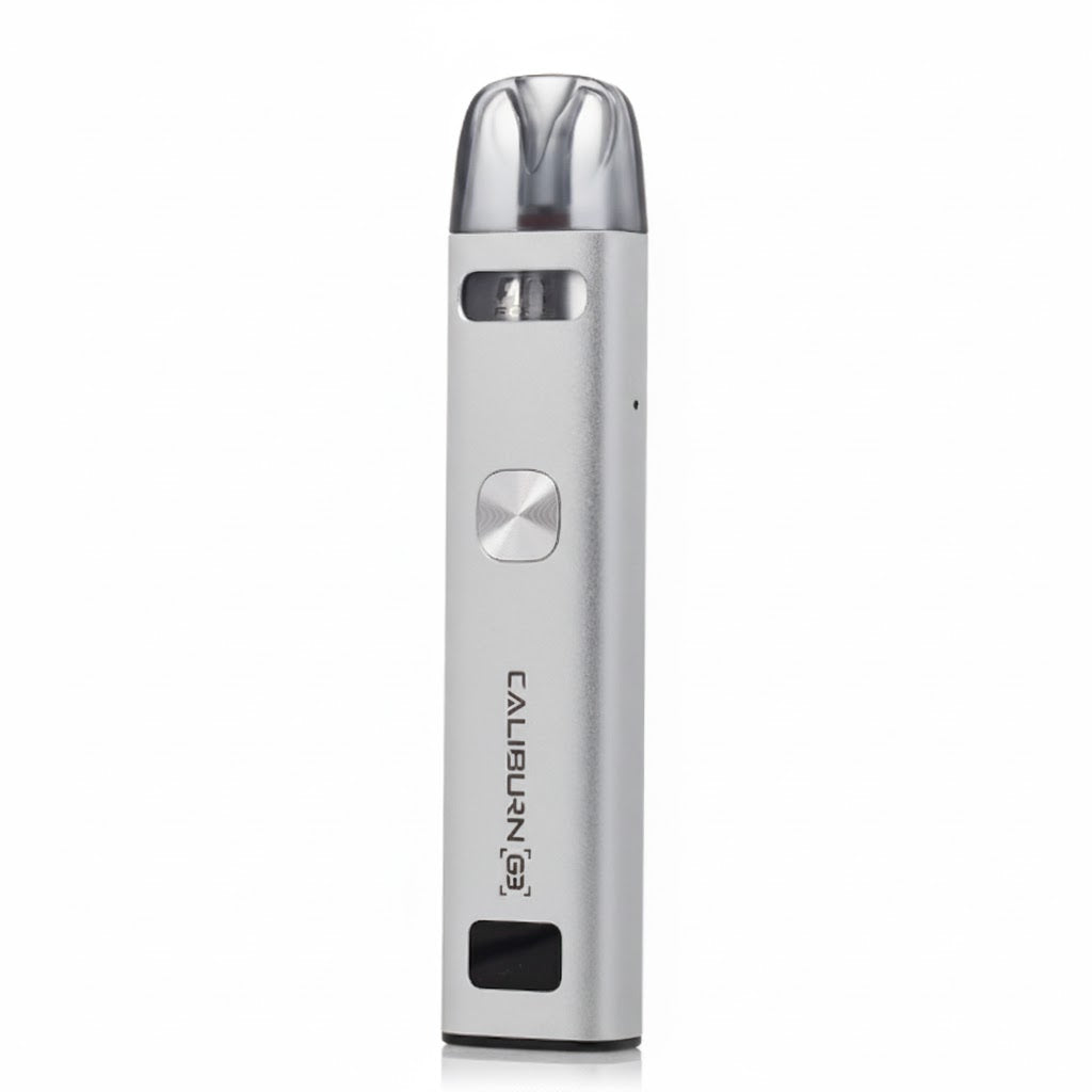 Silver vape device with 'Caliburn G3' branding on a white background