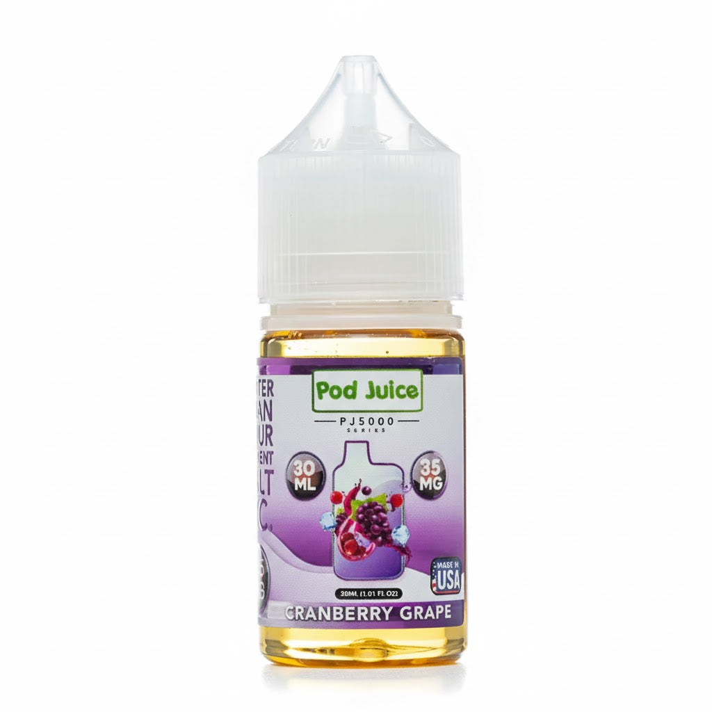 Pod Juice e-liquid bottle with purple label on a white background