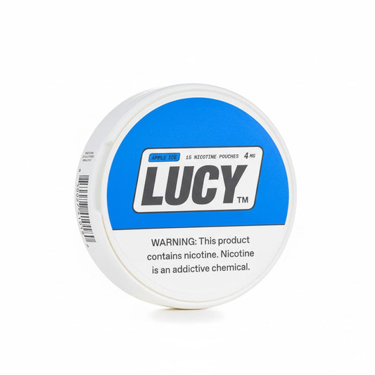 Lucy nicotine pouch container with blue label on a white background